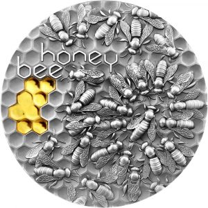 HONEY BEE - 2021 2 oz Pure Silver Antique Finish Gilded High Relief Coin - Niue