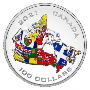 Canada’s Provincial and Territorial Flags – 2021 $100 10 oz PURE SILVER COLORED PROOF COIN – ROYAL CANADIAN MINT