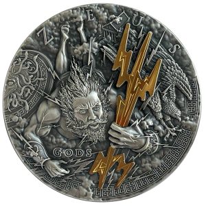 ZEUS GREEK GODS - 2021 2 oz Pure Ultra High Relief Silver Coin - Antique Finish with Partial 24K Gold Gilding - Niue