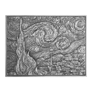 THE STARRY NIGHT - VINCENT VAN GOGH - 2021 2 oz Pure Silver High Relief Antiqued Coin with 33.5 oz of Pure Copper Core - Tchad