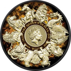 BURNING COMPLETER - THE QUEEN'S BEASTS - 2021 2 oz Silver Coin - Black Ruthenium and 24K Gold Plating