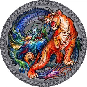 TIGER AND DRAGON Oriental Culture Collection 2022 50 Grams Pure Silver Antique Finish Coin Colored