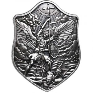 SHIELD OF ST. MICHAEL STACKER 2021 2 oz Pure Silver Light Antique Finish Bar with Capsule - South Korea