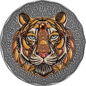 TIGER MANDALA COLLECTION 2022 2 oz Pure Silver Antique Finish Coin with Swarovski Crystal - Niue