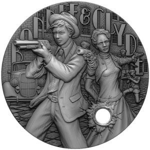 BONNIE AND CLYDE GANGSTER SERIES 2022 2 oz Pure Silver High Relief Antique Finish Coin with Selective Gold Gilding