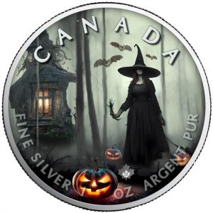 HALLOWEEN WITCH FOREST MAPLE LEAF 2022 1 oz Pure Silver Color Coin In Capsule