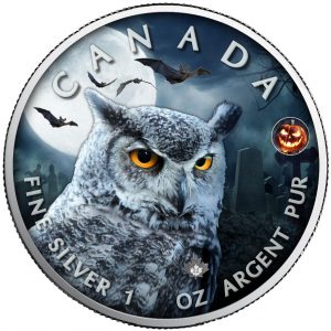 HALLOWEEN SPOOKY OWL MAPLE LEAF 2022 1 oz Pure Silver Color Coin In Capsule