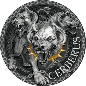 CERBERUS THE GREAT GREEK MYTHOLOGY SERIES 2023 1 oz Pure Silver High Relief Antique Finish Coin with Selective Gilding