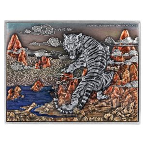 THE WHITE TIGER OF THE ANCIENT SIX MYTHICAL BEASTS 2022 10000 Francs CFA 2 oz Pure Silver High Relief Colored Coin with 33.5 oz of Pure Copper Core