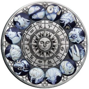 SIGNS OF THE ZODIAC 2022 5 oz Pure Silver Antiqued Colored Coin -Tuvalu - Perth Mint