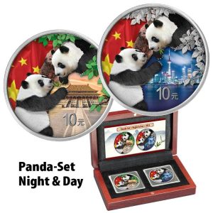 PANDA DAY & NIGHT COLOR  2023 2 X 30 Grams Silver Coin Set in Wood Case