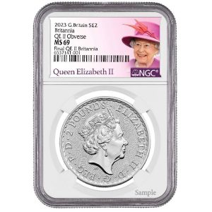 2023 Great Britain Britannia Last Queen Elizabeth Obverse with Queen Label 1 oz Silver Coin NGC MS69