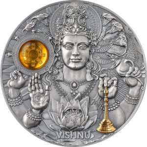 VISHNU Divine Faces Of The Sun 2023 3 oz Pure Silver Antique Finish Coin with Selective Gilding and Amber Insert