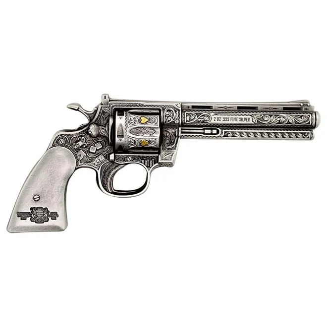 エアーガン　MODEL MATCHALL SILVER HEAVY WEIGHT Revolver Gun Shaped Antiqued High Relief 2 oz .999 Silver