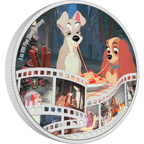 LADY AND THE TRAMP DISNEY CINEMA MASTERPIECES 2023 3 oz Fine Silver Proof Coloured Coin