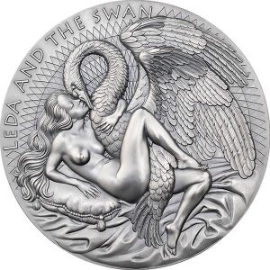 LEDA AND THE SWAN Celestial Beauty Series 2023 2 oz Pure High Relief Silver Antique Finish Coin