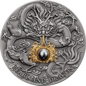 BLACK PEARL AND DRAGON Divine Pearls Series 2023 2 oz Pure Silver Antique Finish Coin with Real Pearl Insert