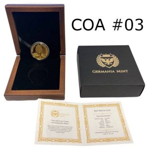 **COA #003** BEECH LEAF 2023 100 Mark 1 oz Pure Gold Proof Round in Wooden Box - GERMANIA MINT