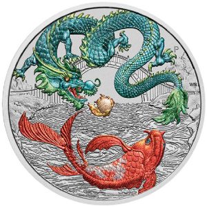 Australia Chinese Myths and Legends Green Dragon And Koi 2023 1 oz Pure Silver BU Colored Coin - Perth Mint