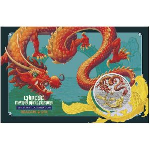 Australia Chinese Myths and Legends Red Dragon And Koi 2023 1 oz Pure Silver BU Colored Coin In Card - Perth Mint