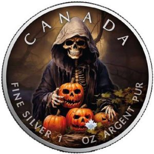 HALLOWEEN SMILING SKELETON MAPLE LEAF 2023 1 oz Pure Silver Color Coin In Capsule