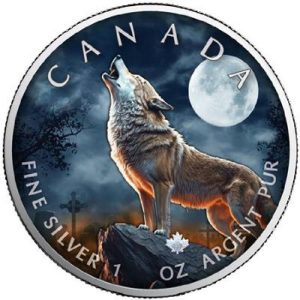 HALLOWEEN HOWLING WOLF MAPLE LEAF 2023 1 oz Pure Silver Color Coin In Capsule