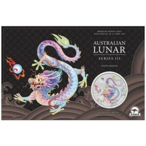 Brisbane Money Expo ANDA Show Special Australian Lunar Series III 2024 Year of the Dragon 1oz Silver White Coloured Coin in Card - Perth Mint