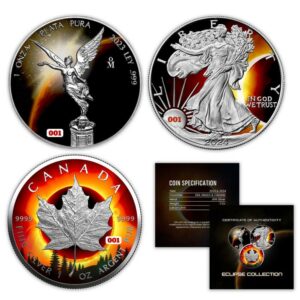 Chromatics Total Eclipse 2024 3x 1 oz Fine Silver Coin Set - Silver Libertad, Canadian Maple Leaf and Silver Eagle (PRE-ORDER)