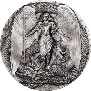 Archangel St Michael 2024 2000 Francs CFA 2 oz Pure Silver Coin with Antique Finish and Selective Color - Republic of Cameroon