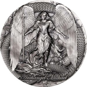 Archangel St Michael 2024 2000 Francs CFA 2 oz Pure Silver Coin with Antique Finish and Selective Color - Republic of Cameroon (PRE-ORDER)