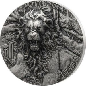 Lion Predators 2023 3 oz 5000 Francs CFA  Fine Silver  Antique Finish Coin - Ivory Coast