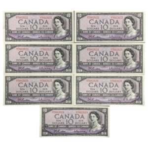 x7 Consecutive $10 Modified Portrait Bank Note 1954 BC-40b Beattie/Rasminsky - Bank of Canada