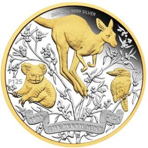 The Perth Mint's 125th Anniversary Kangaroo Kookaburra Koala 2024 2 oz $2 Silver Proof Gilded Coin - Australia - Perth Mint