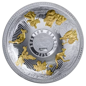 THE BULLION GIANTS UNITED IN ONE MASTERPIECE  2025 50 Grams Pure Silver Domed Coin with 24K Gold Plating- Barbados - MDM (PRE-ORDER)