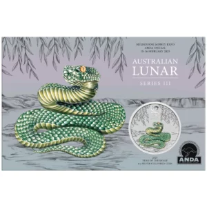 Melbourne Money Expo ANDA Special Year of the Snake 2025 1 oz $1 Silver Green Coin in Card - Australia - Perth Mint