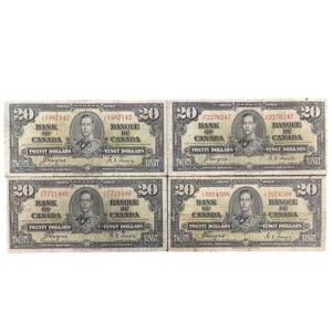 4 x $20 Bank Note 1937 Complete Prefix for Coyne/Towers Banknotes - Bank of Canada