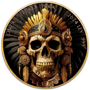 Aztec Skull Libertad 2024 1 oz Fine Silver Gold Gilded Colourized Coin - Mexico