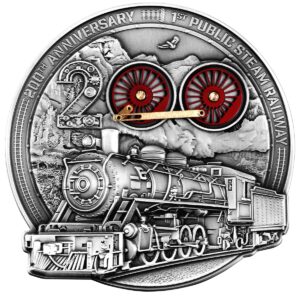 200th Anniversary of 1st Public Steam Railway 2025 $10 10 oz Pure Silver Antique Finish Coin two movable and colorized wheels - Barbados - MDM (PRE-ORDER)