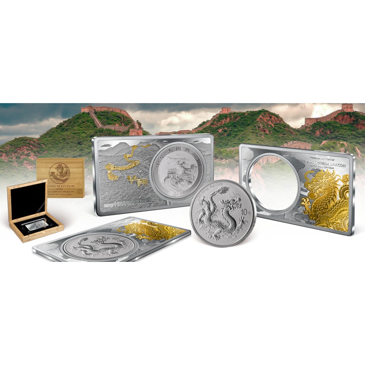 CHINESE DRAGON 2025 10 Yuan 2+1 oz Silver Coin in Gilded Bar