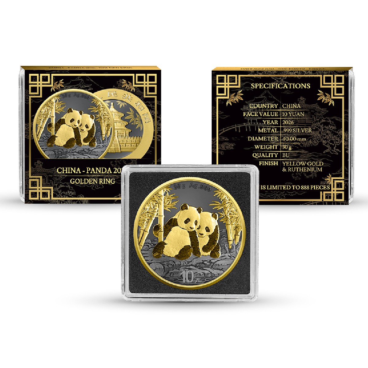 Chinese Panda Golden Ring 2026 10 Yuan 30 Gram Pure Silver Yellow